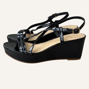Kate Spade Glossy Black Strappy Wedge Patent Leather Sandals Size 8